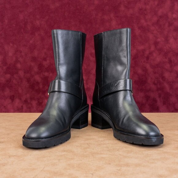 Stuart Weitzman Women Boulevard Black Leather Moto Buckle Mid Calf Boots sz 9 - Picture 2 of 8